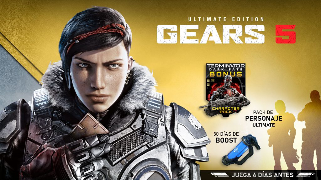 Kait stares forwards holding her necklace in front of a gold background. The Gears 5 Ultimate Edition logo is present. A canister of Boost, which contains a blue liquid, is shown with the text 30 Days Of Boost. Two silhouettes stand next to the text Ultimate Character Pack. The T-800 Character stands next to the Terminator Dark Fate Bonus Character Pack text. 