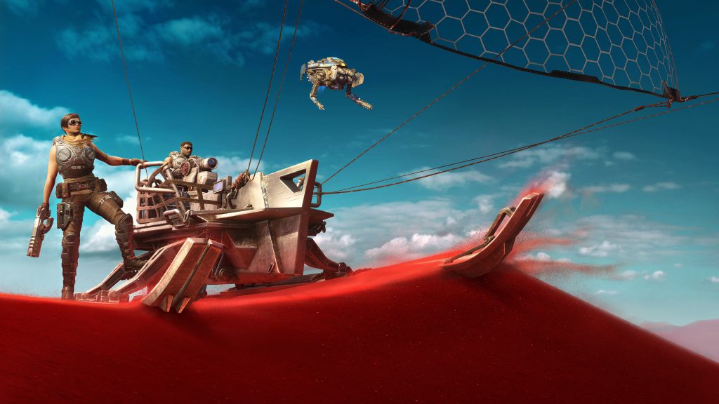 The Skiff stands still atop a red sand dune, the sail aloft in the wind. Desert Armored Kait stands looking out over the horizon. Her left hand holds on to the side of the Skiff and in her right she holds a pistol. Desert Armored Del sits in the Skiff’s driver seat. Jack hovers in the foreground.