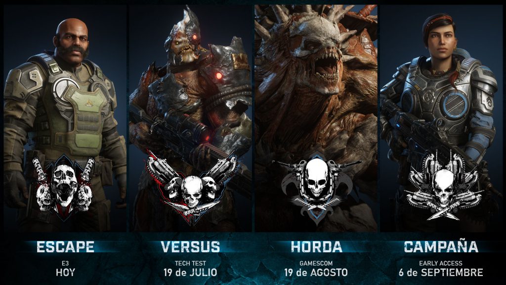 Four characters stand in front of four game type logos. From left to right: Escape, E3 Today. Versus Tech Test, July 19. Horde at Gamescom, August 19. Campaign Early Access, September 6.