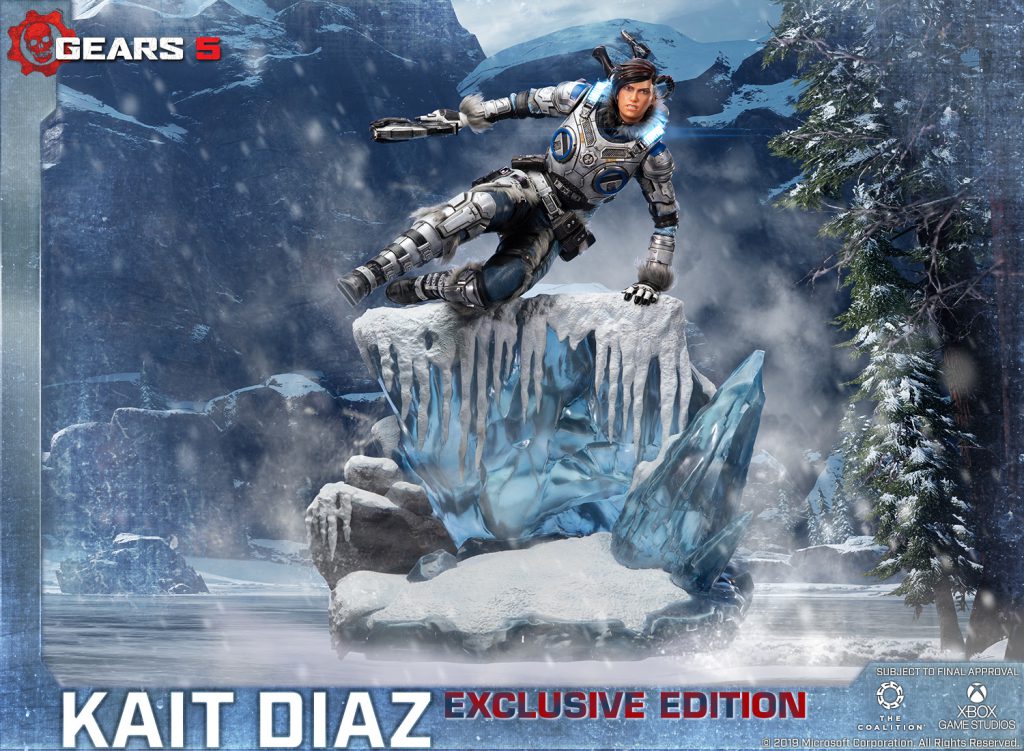 First 4 Figures exclusive edition statue depicting Kait Diaz, including armor LEDs, vaulting over a cliff of ice.