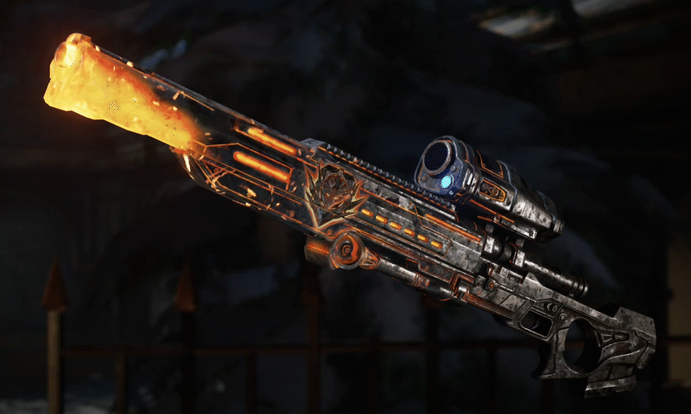 An animation is shown of flames at the end of a Longshot, with the Master Emblem seared into the metal