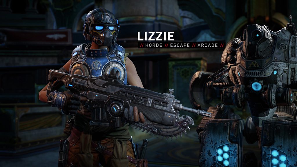 "Lizzie: Horde, Escape, Arcade" written in the foreground with Lizzie and a Silverback just behind.
