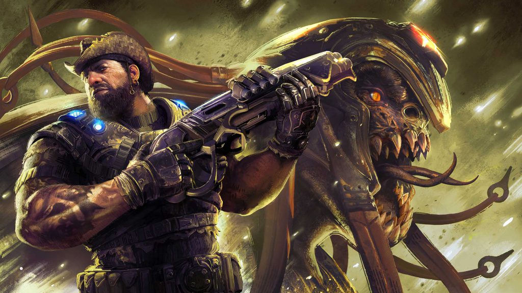 The Operation 5 Hollow Storm key art which features Dizzy Wallin holding a gnasher and a Locust Skorge screaming behind him