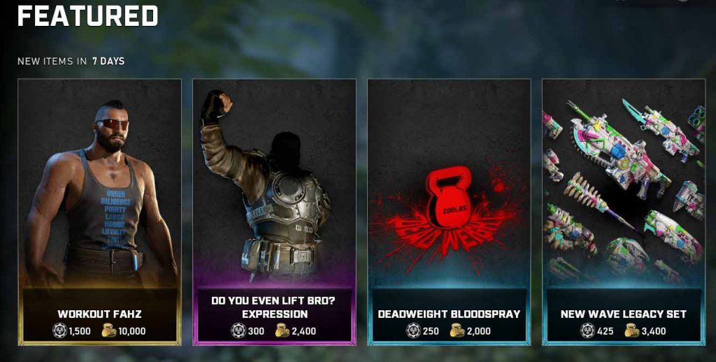 The featured items available now in the Gears 5 Store