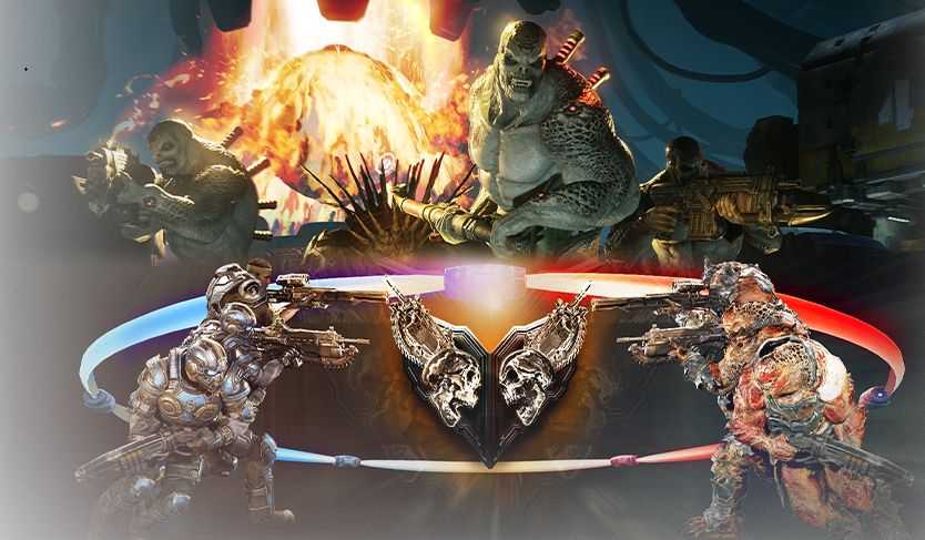 The Versus logo front and center with two COG soldiers to the left and two Locust enemies on the right.