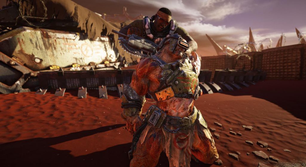 A COG Soldier about to execute a Locust enemy who is kneeling on the ground