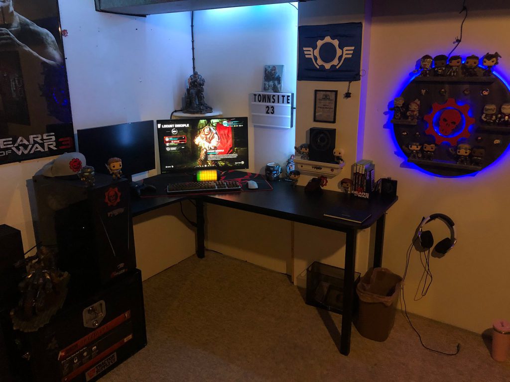 The bedroom of Twitter user "TrollClownBoy" featuring their collection of Gears-related collectibles