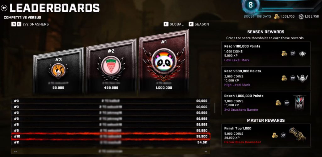 An example of the Leaderboard screen within the Gears 5 Competitive Versus Mode