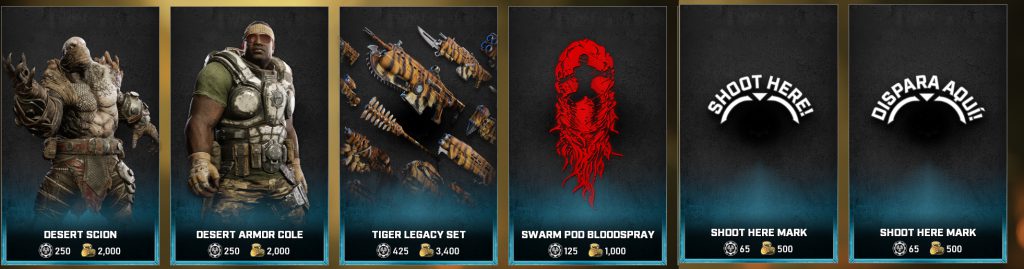 The featured items in the Gears store for the days between May 25 and 31