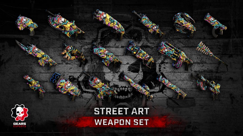 The different weapons from Gears 5 with the Street Art Weapon Set designs