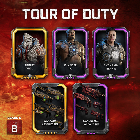 Some of the new Tour of Duty rewards available in Operation 8, including Trinity Vrol, Islander Tai, and C Company Bernie