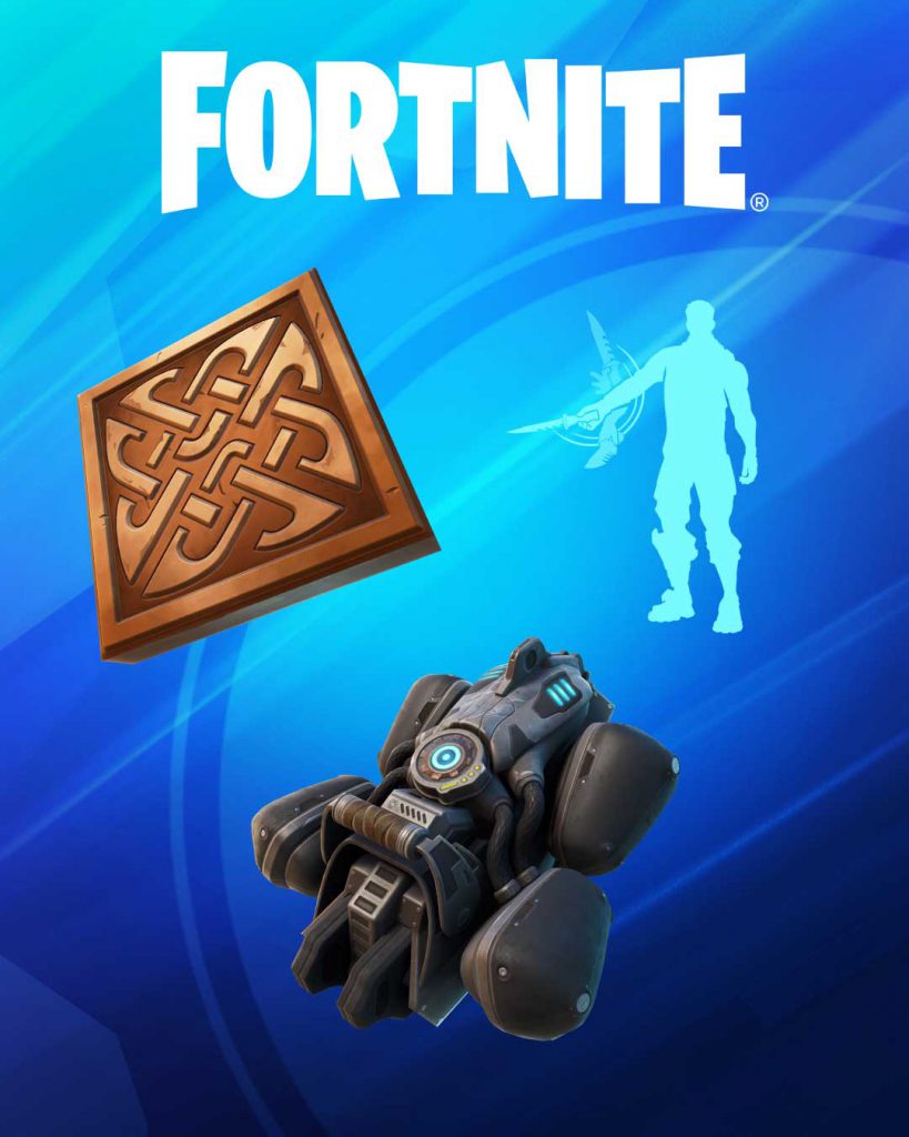 Fortnite graphic showing Reyna's Pendant, the Sonic Resonator and the Knife Tricks emote