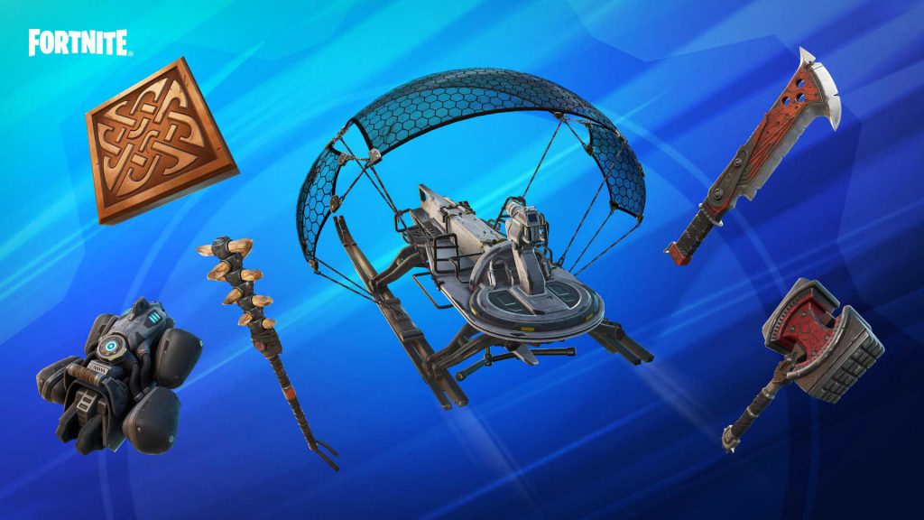 Graphic showing Reyna's Pendant, Sonic Resnoator, Pickaxes and the Skiff Glider